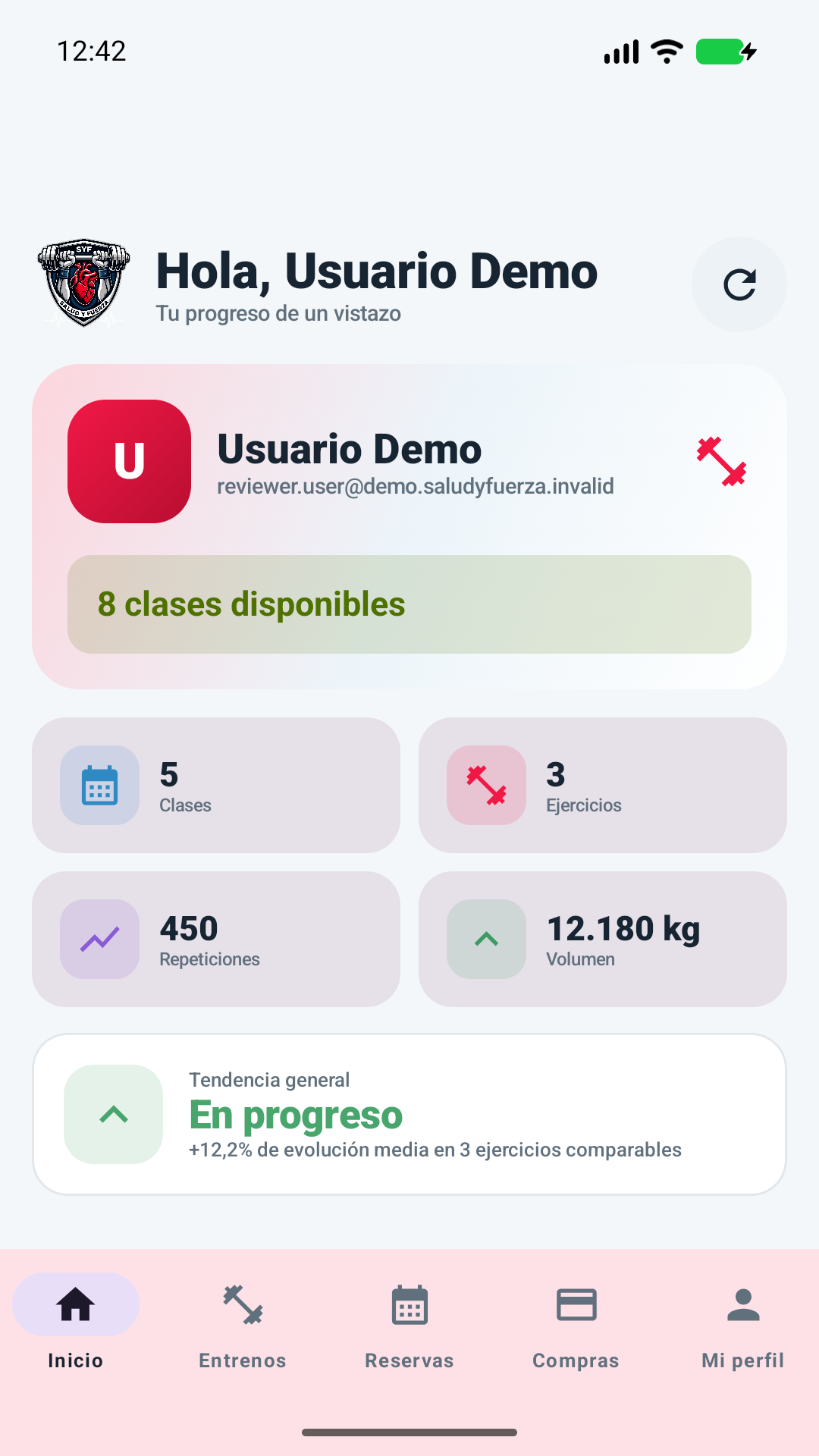 Pantalla de inicio de BaraGym